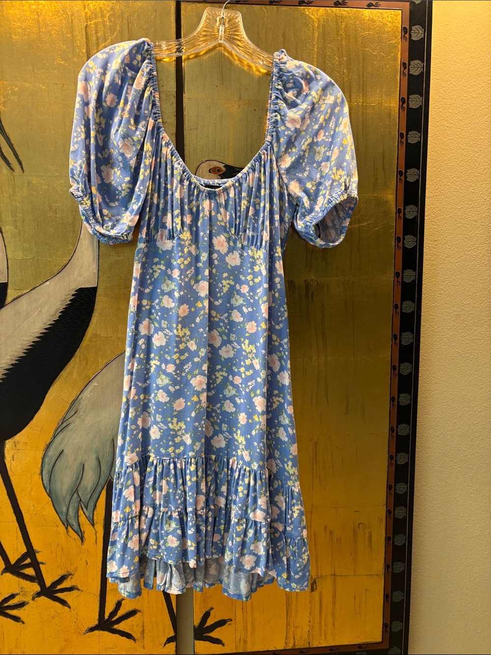 Blue Floral Puff-Sleeve Midi Dress